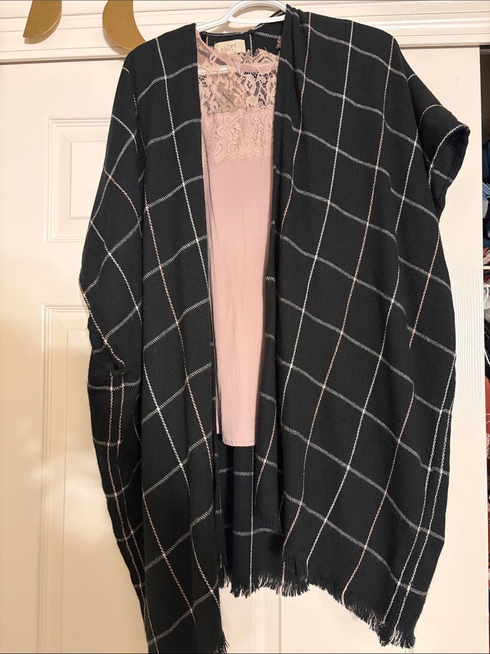 LOFT Black Windowpane Open-Front Wrap with Pink Accents